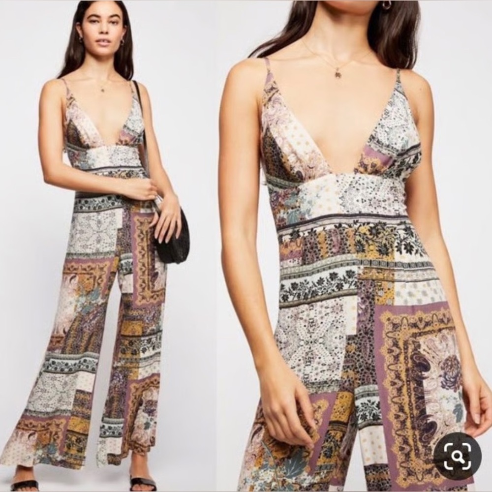 Free People Margarita Patchwork Jumpsuit 4 Boho Hippie Festival Paisley Wide Leg